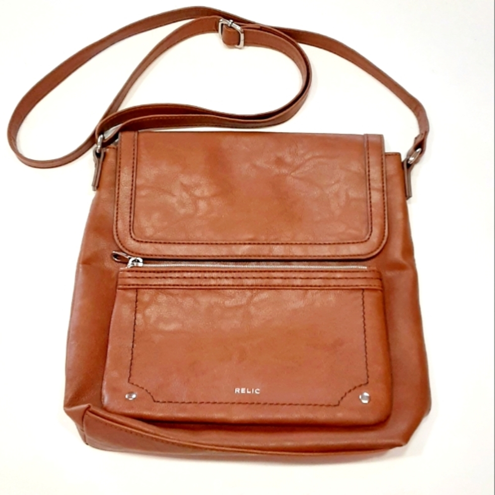 Relic Medium size Flap Crossbody Bag / Cognac color